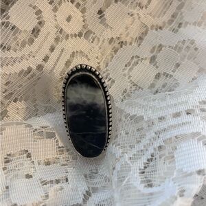 Oval Black Stone Ring with Silver Beaded Edge